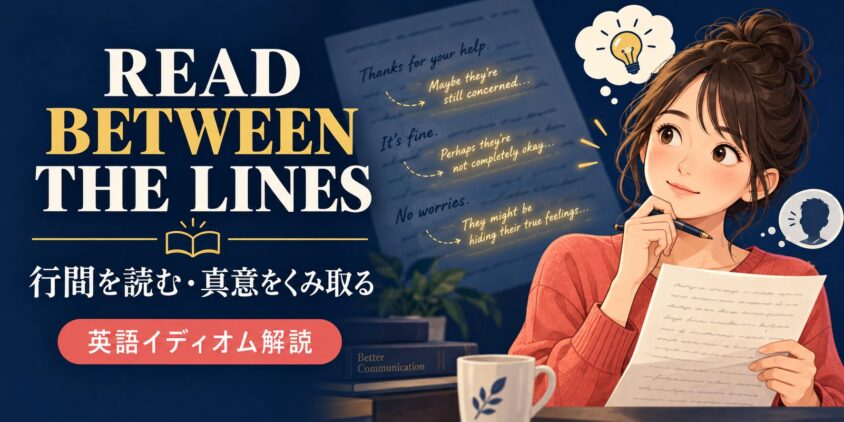 Read Between the Linesの意味「行間を読む」を解説する女性のイラスト